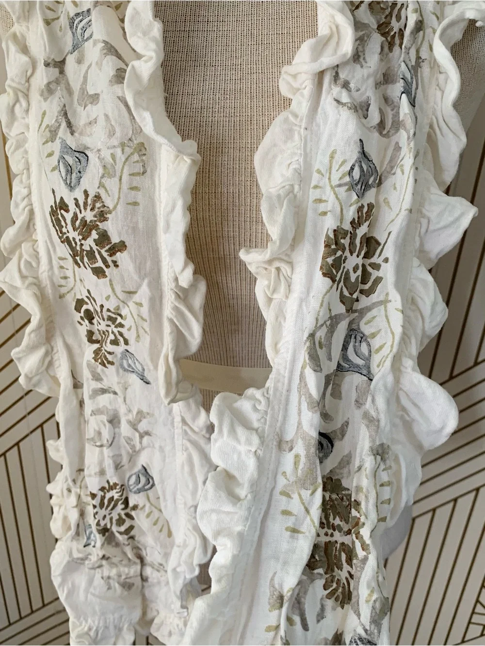 Blue Fish ruffle flutter hem Scarf cotton hand painted Lagenlook